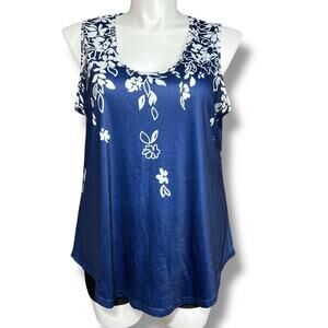 Boutique Womens Tank Top Shirt Floral Print Sleeveless Pullover Blue White 2XL
